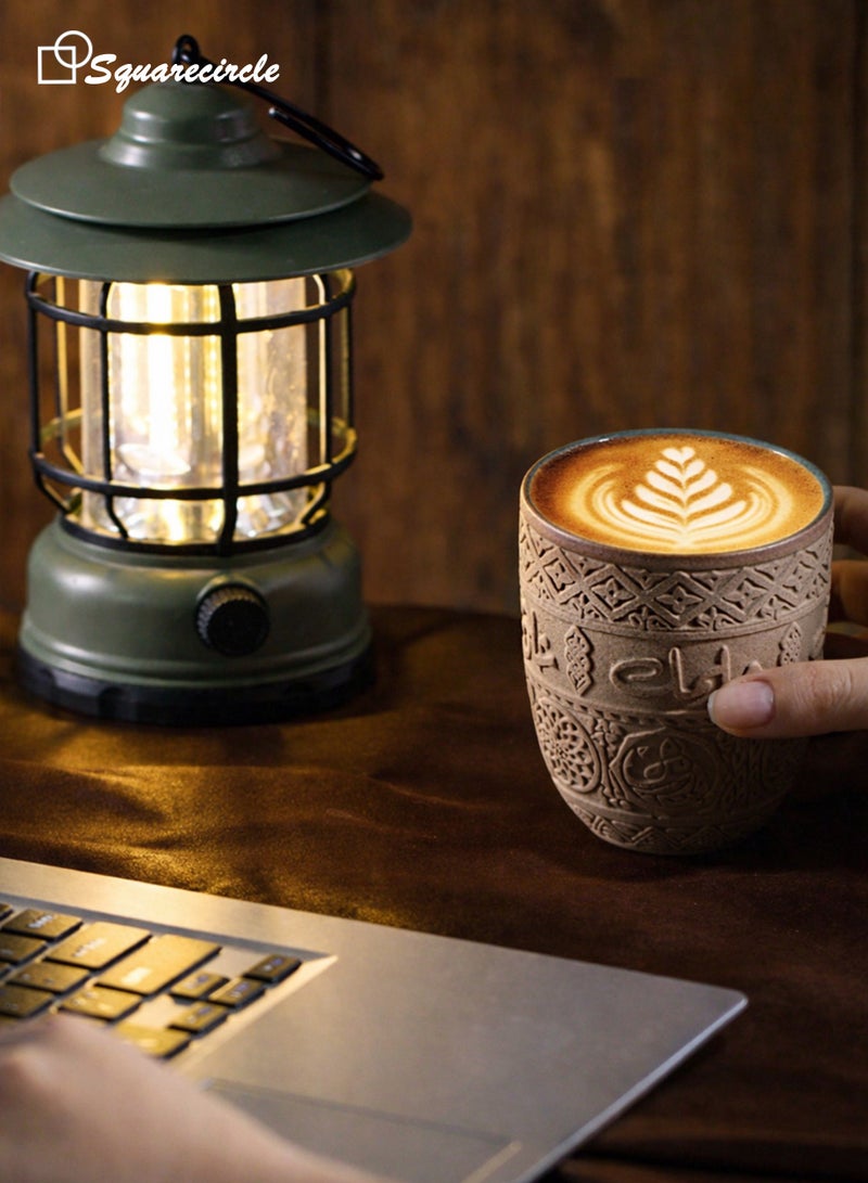 دائرة مربعة كوب قهوة خزفي بطراز عربي كلاسيكي 280 مل – كوب فخار بنقوش عربية بارزة للمشروبات الساخنة والباردة - Image 2